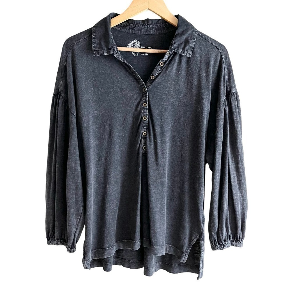 Anthropologie Pilcro Buttoned Balloon Sleeve Blouse in Washed Black, Size Small‎